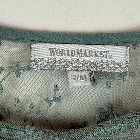 World Market Peasant Top S/M Green Blouse Lace Pleated Chiffon Ruffled Bohemian - Picture 5 of 8